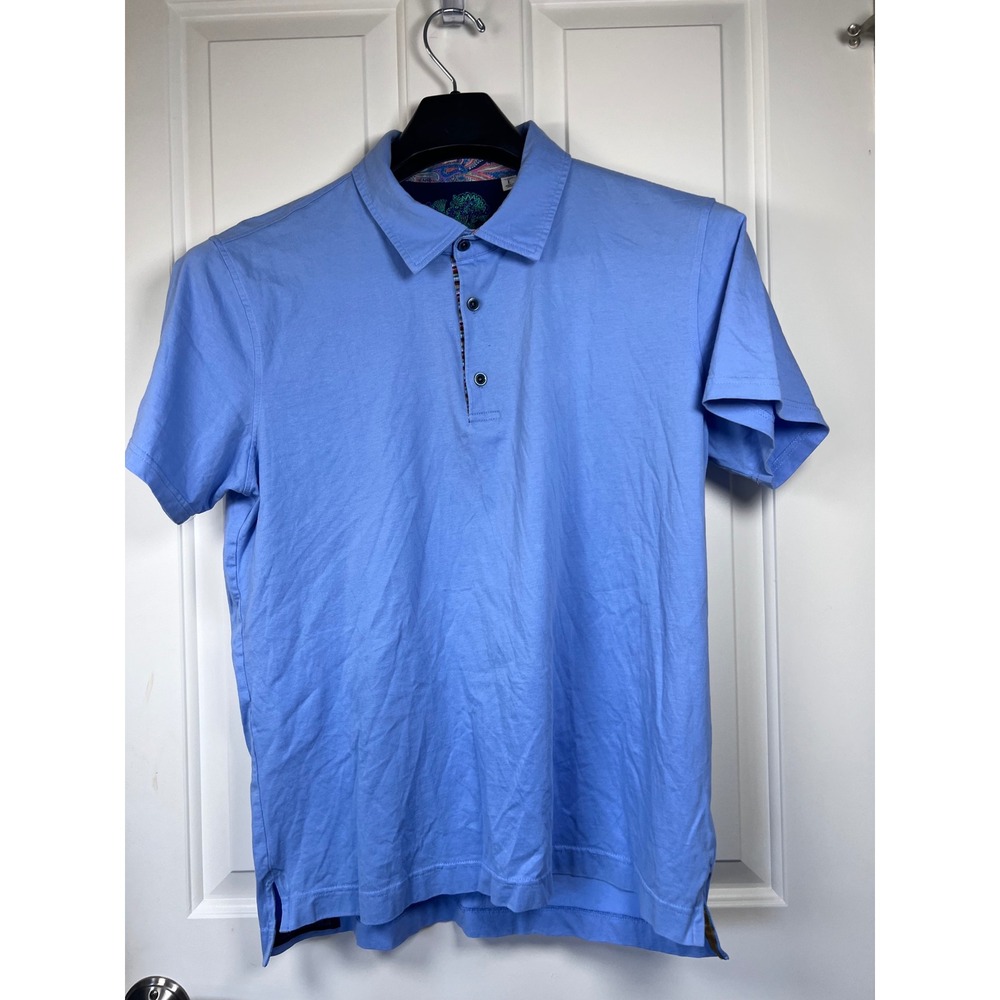 Robert Graham Mens Classic Fit Blue Short Sleeve Polo Shirt Paisley Trim Large